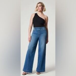 SPANX Sz XL Wide Leg Pull On Jeans Mid Wash Front Seam High Rise Comfort Waist